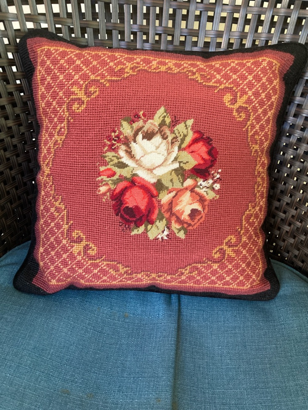 Hand-Embroidered Floral Needlepoint Pillow - Rose Center